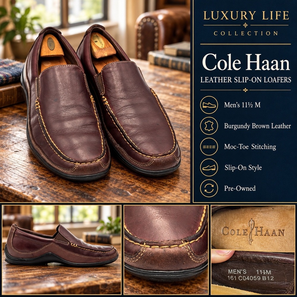 Cole Haan Mens Burgundy Leather Slip On Loafers Moc Toe Driving Shoes
